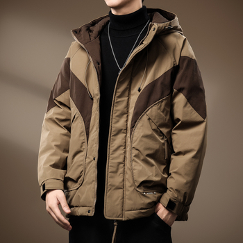 Мъжко полиестерено яке с качулка, свободен силует и цип, термоизолация, цветна блокова шарка, зимно ежедневие