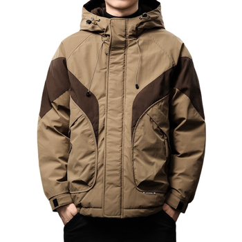Мъжко полиестерено яке с качулка, свободен силует и цип, термоизолация, цветна блокова шарка, зимно ежедневие