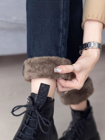 Дамски дънки от деним с подплата от флис, висока талия, тесен силует, дебели и еластични, пълна дължина