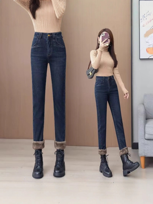 Дамски дънки от деним с подплата от флис, висока талия, тесен силует, дебели и еластични, пълна дължина