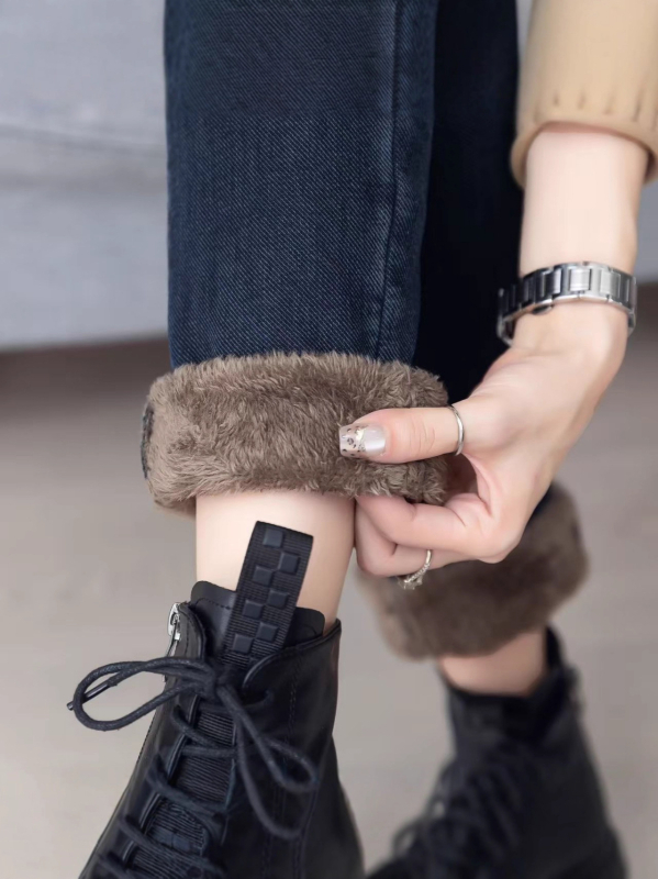 Дамски дънки от деним с подплата от флис, висока талия, тесен силует, дебели и еластични, пълна дължина