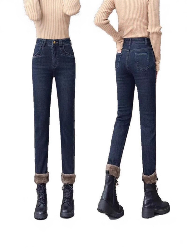 Дамски дънки от деним с подплата от флис, висока талия, тесен силует, дебели и еластични, пълна дължина