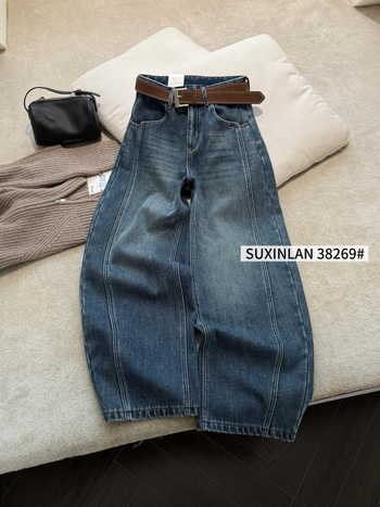 Дамски дънки с висока талия, дебел деним с велурен ефект, прав крачол, текстура с бръчки (деним памук 95%+)