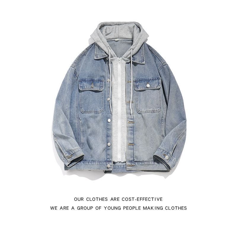 Дънково яке в стил Хонг Конг, качулка, свободен силует, стойка яка