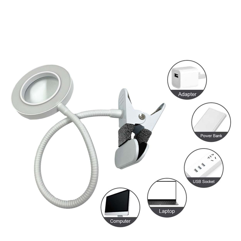 LED klip lupa svjetlo za ljepotu i manikuru, HD povećanje, USB napajanje, metalno sjenilo, CRI 80–89, prekidač na tipku