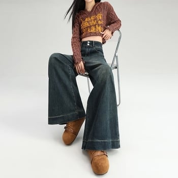 Дънки за жени – висока талия, широки крачоли, дълги, разтегливи дънки от памук-полиестер смес