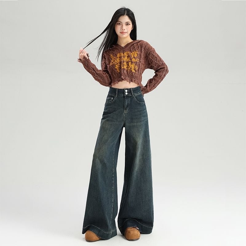 Дънки за жени – висока талия, широки крачоли, дълги, разтегливи дънки от памук-полиестер смес