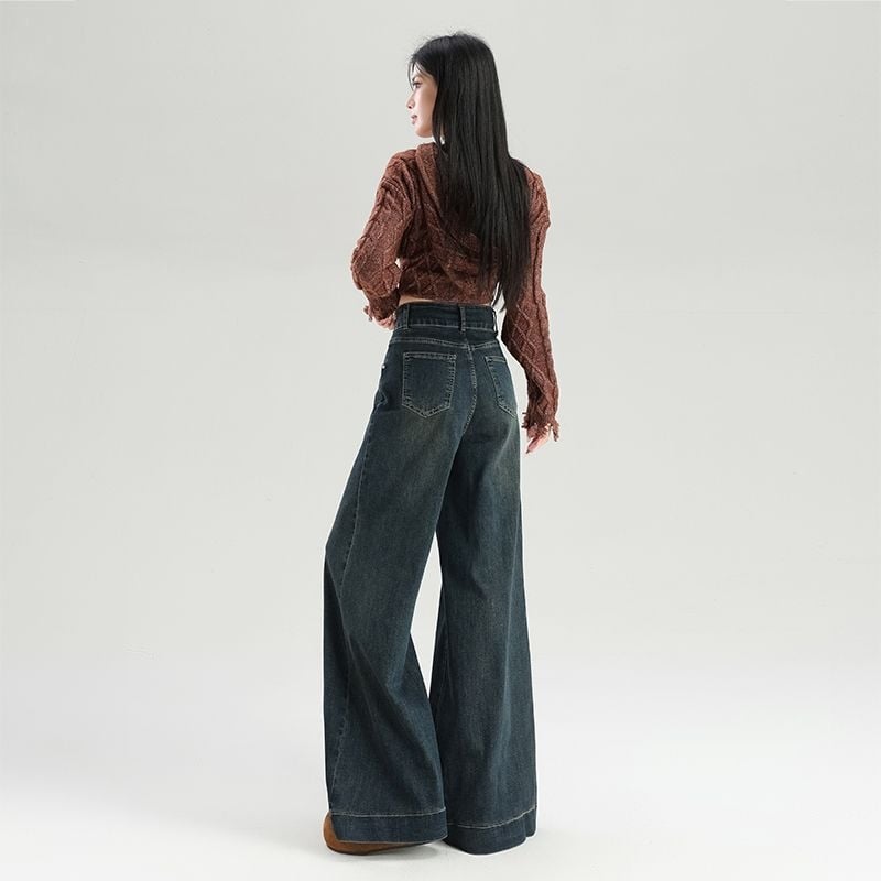 Дънки за жени – висока талия, широки крачоли, дълги, разтегливи дънки от памук-полиестер смес