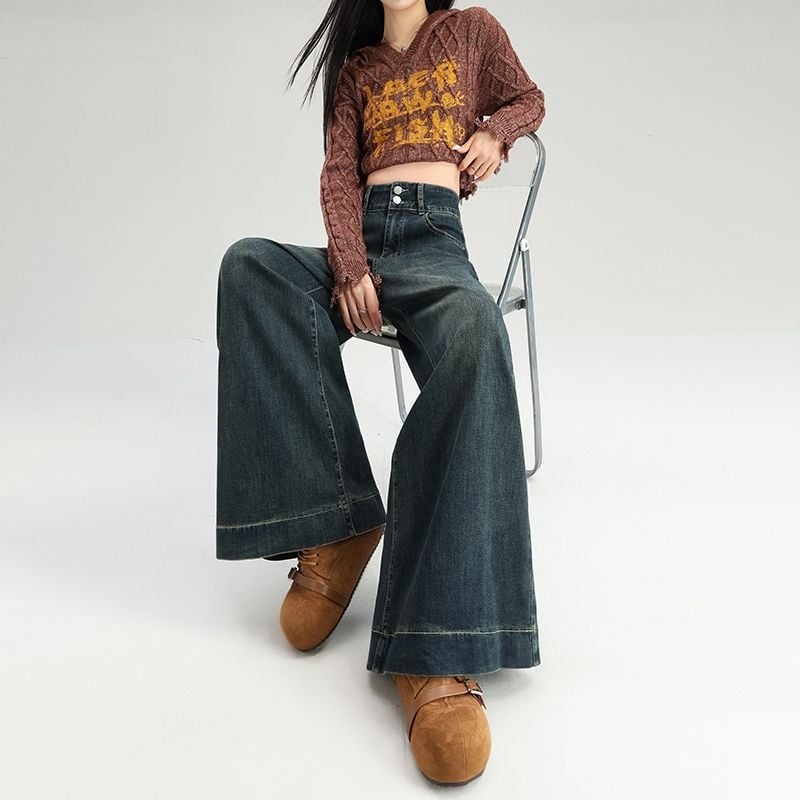 Дънки за жени – висока талия, широки крачоли, дълги, разтегливи дънки от памук-полиестер смес