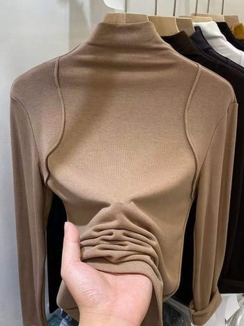 Majica s dugim rukavima, pamukova vlakna, monokromatski uzorak, ravni i elegantan stil, polu-visoki ovratnik