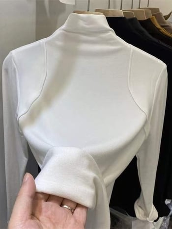 Majica s dugim rukavima, pamukova vlakna, monokromatski uzorak, ravni i elegantan stil, polu-visoki ovratnik