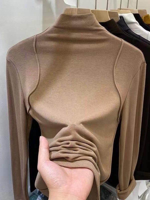 Majica s dugim rukavima, pamukova vlakna, monokromatski uzorak, ravni i elegantan stil, polu-visoki ovratnik