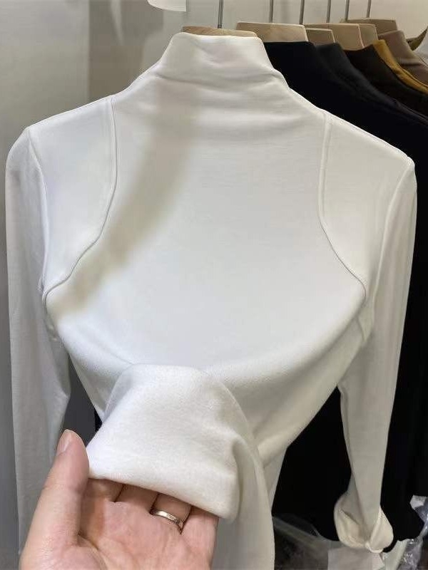 Majica s dugim rukavima, pamukova vlakna, monokromatski uzorak, ravni i elegantan stil, polu-visoki ovratnik