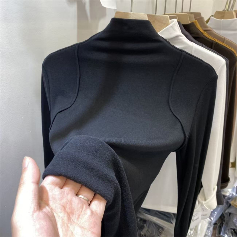 Majica s dugim rukavima, pamukova vlakna, monokromatski uzorak, ravni i elegantan stil, polu-visoki ovratnik
