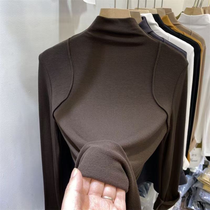Majica s dugim rukavima, pamukova vlakna, monokromatski uzorak, ravni i elegantan stil, polu-visoki ovratnik