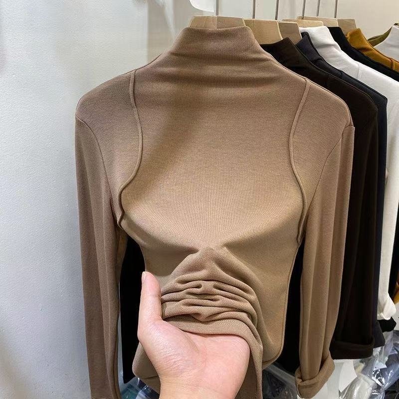 Majica s dugim rukavima, pamukova vlakna, monokromatski uzorak, ravni i elegantan stil, polu-visoki ovratnik