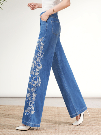 Есенни джинсови панталони с висока талия, бродирани, широки крачоли, 70–80% памук