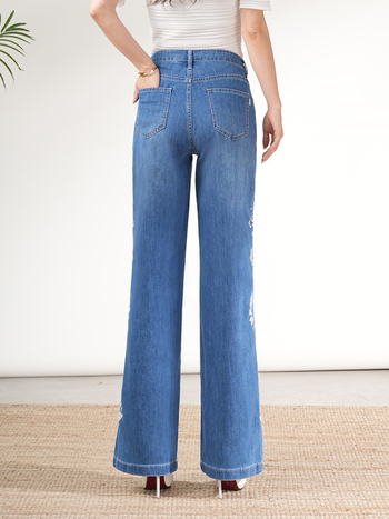 Есенни джинсови панталони с висока талия, бродирани, широки крачоли, 70–80% памук