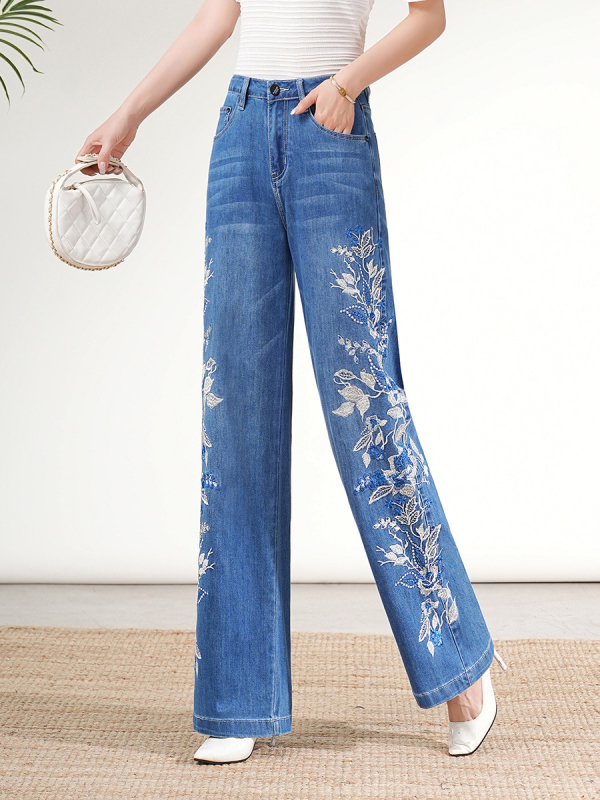 Есенни джинсови панталони с висока талия, бродирани, широки крачоли, 70–80% памук