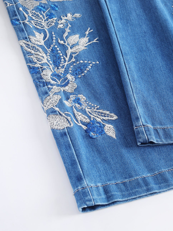 Есенни джинсови панталони с висока талия, бродирани, широки крачоли, 70–80% памук