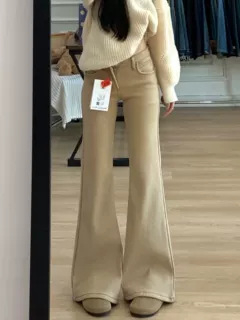 Дънки с подплата от флис, висока талия, прави крачоли, леко стреч, зимна 2025