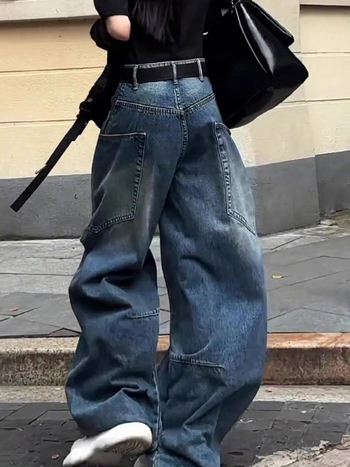Ženske traperice od denima - visokim strukom, široke nogavice, pranjem s manganom, ulični hip-hop stil