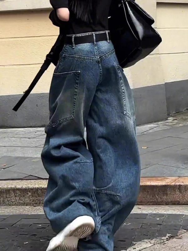 Ženske traperice od denima - visokim strukom, široke nogavice, pranjem s manganom, ulični hip-hop stil