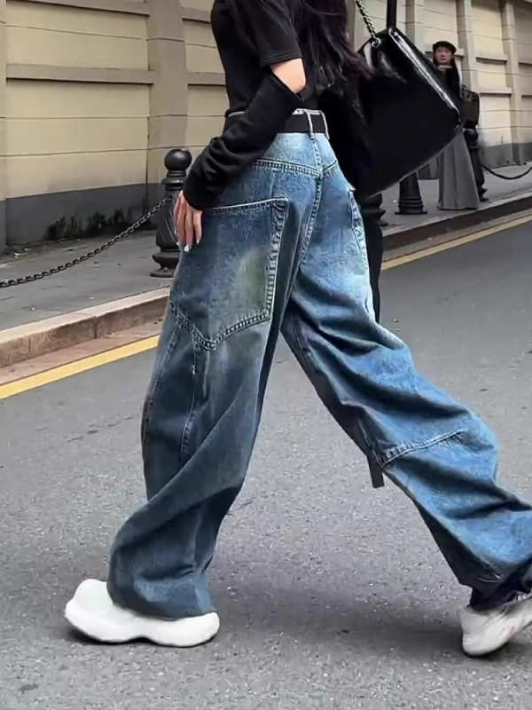 Ženske traperice od denima - visokim strukom, široke nogavice, pranjem s manganom, ulični hip-hop stil