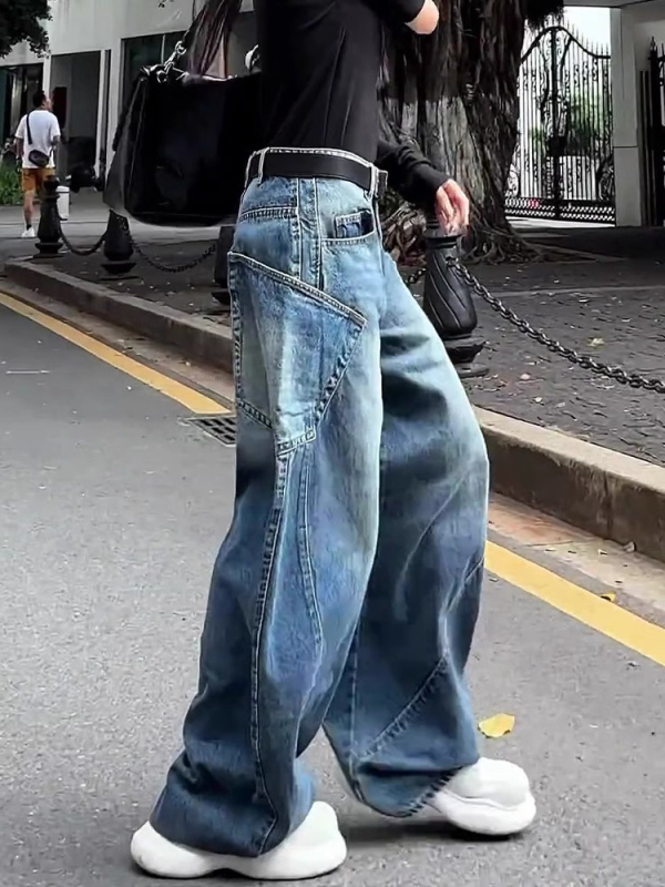Ženske traperice od denima - visokim strukom, široke nogavice, pranjem s manganom, ulični hip-hop stil