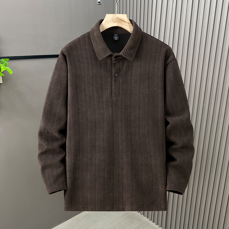 Πόλο μπλούζα από chenille με ριγέ ζακάρτ, μακριά μανίκια, φαρδιά γραμμή, φινίρισμα εκτύπωσης/βαφής