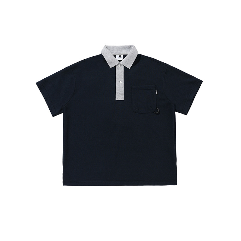 Polo majica s japanskim retro stilom, kratki rukavi, labav kroj, uzorak u skladu s bojama i šavovi detalji, pamuk mješavina
