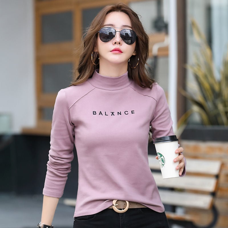 Ženski pamučni T-shirt s poluvisokom ovratnikom, dugi rukav, uski kroj, korejski stil, jesen 2023
