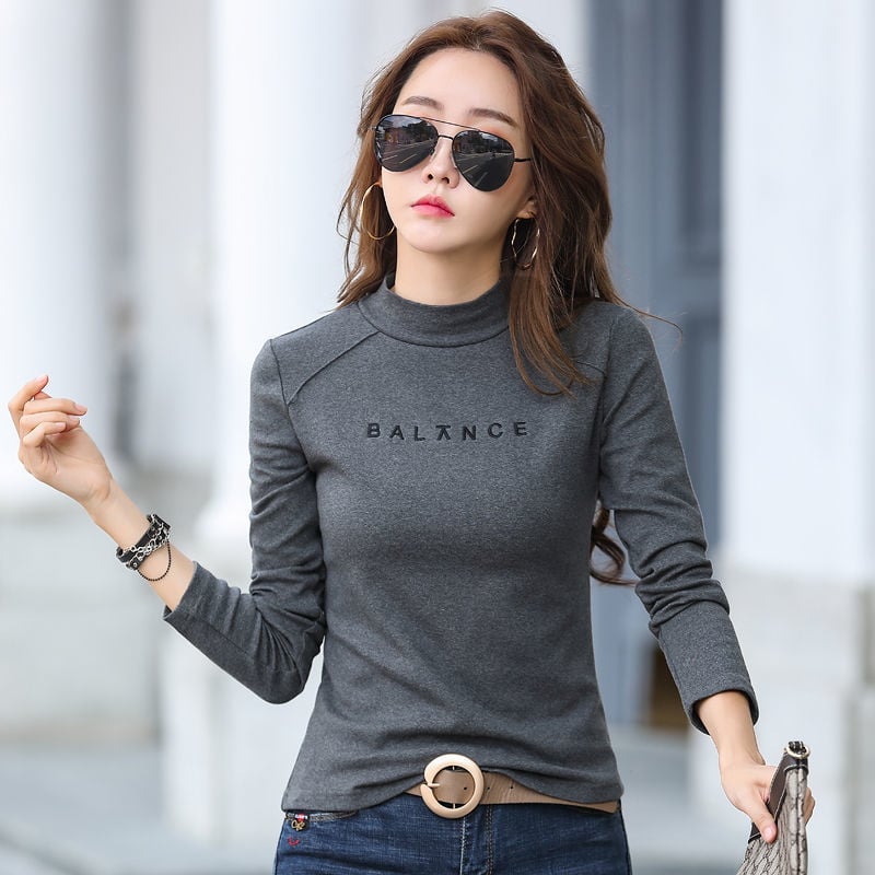 Ženski pamučni T-shirt s poluvisokom ovratnikom, dugi rukav, uski kroj, korejski stil, jesen 2023