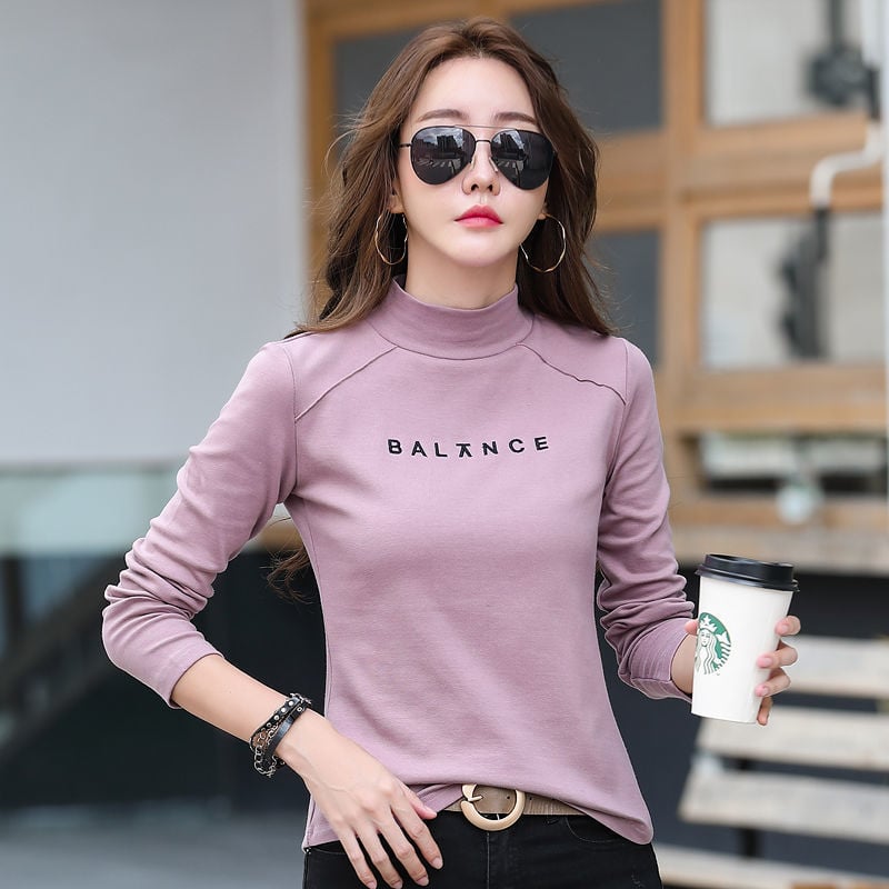 Ženski pamučni T-shirt s poluvisokom ovratnikom, dugi rukav, uski kroj, korejski stil, jesen 2023