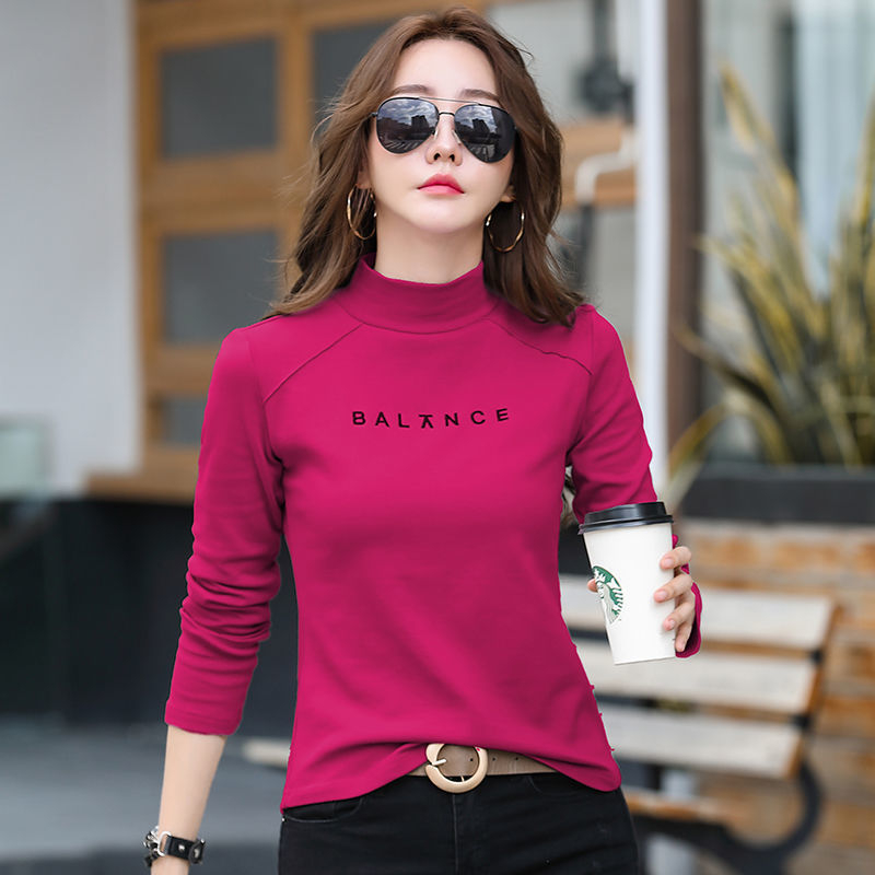 Ženski pamučni T-shirt s poluvisokom ovratnikom, dugi rukav, uski kroj, korejski stil, jesen 2023