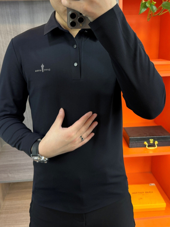 Ανδρικό πόλο με γιακά τύπου λαπέλ, μακριά μανίκια, εσωτερική φλίς επένδυση, ύφασμα από μίγμα βαμβακιού, στενή γραμμή