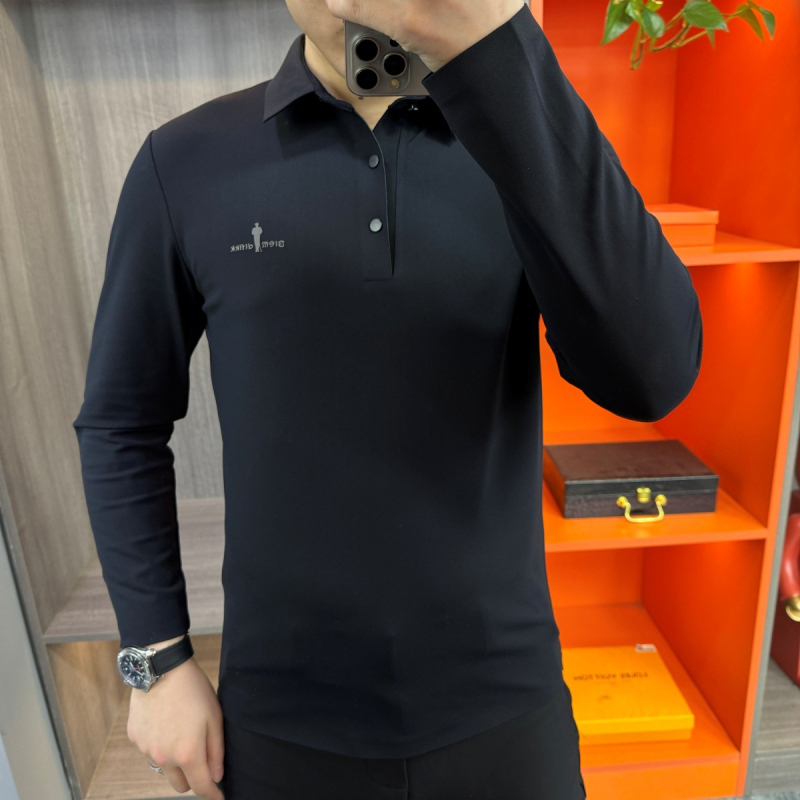 Ανδρικό πόλο με γιακά τύπου λαπέλ, μακριά μανίκια, εσωτερική φλίς επένδυση, ύφασμα από μίγμα βαμβακιού, στενή γραμμή