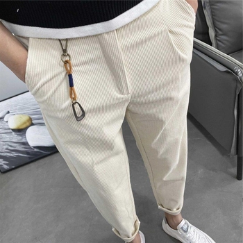 Corduroy slim-fit casual hlače s fleece podstavom, visokim strukom, zatvarač