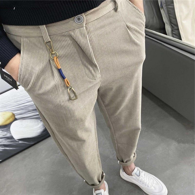 Corduroy slim-fit casual hlače s fleece podstavom, visokim strukom, zatvarač