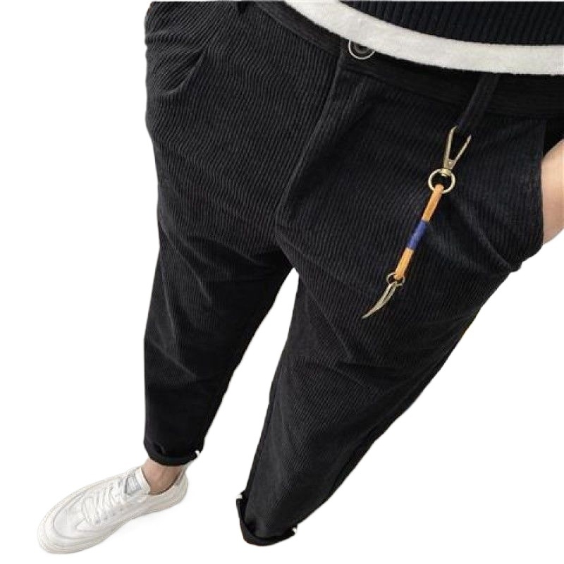 Corduroy slim-fit casual hlače s fleece podstavom, visokim strukom, zatvarač