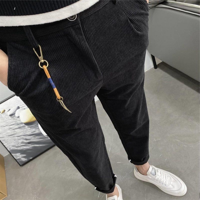 Corduroy slim-fit casual hlače s fleece podstavom, visokim strukom, zatvarač