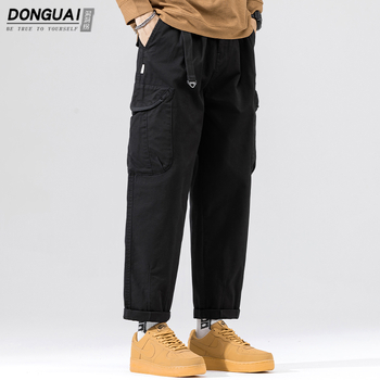 Pamučne muške casual hlače, proljetno-jesenski stil, slobodan ravni kroj, vojnozelena, duljina 9/10