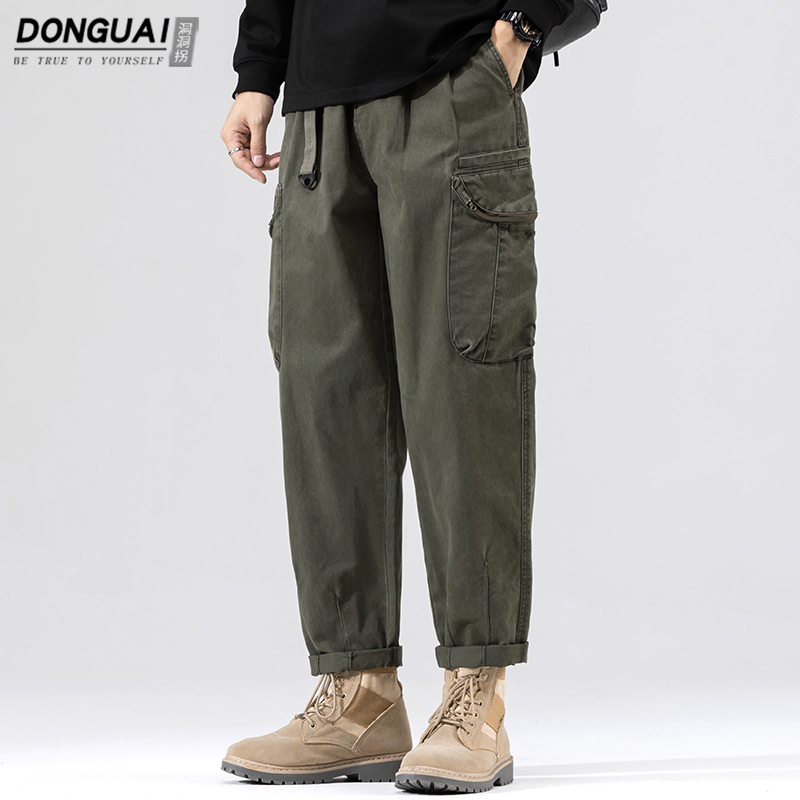 Pamučne muške casual hlače, proljetno-jesenski stil, slobodan ravni kroj, vojnozelena, duljina 9/10