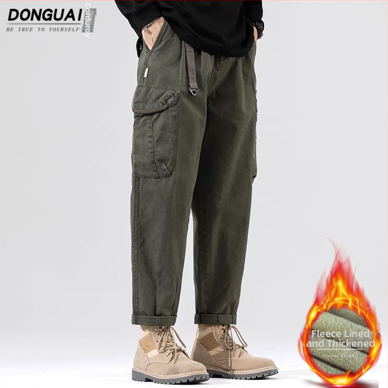 Pamučne muške casual hlače, proljetno-jesenski stil, slobodan ravni kroj, vojnozelena, duljina 9/10