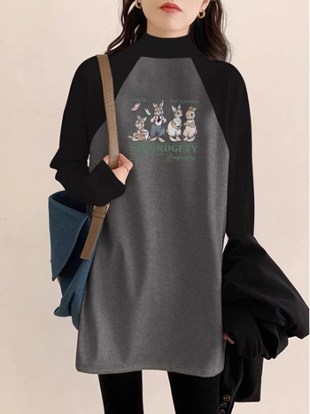 Ženski T-shirt s flejs podstavom, srednja duljina, raglan rukavi, poluvicoki ovratnik, slobodan kroj, Derong poliester tkanina 90–95%