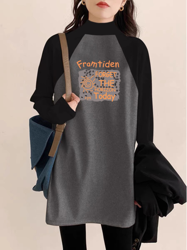 Ženski T-shirt s flejs podstavom, srednja duljina, raglan rukavi, poluvicoki ovratnik, slobodan kroj, Derong poliester tkanina 90–95%