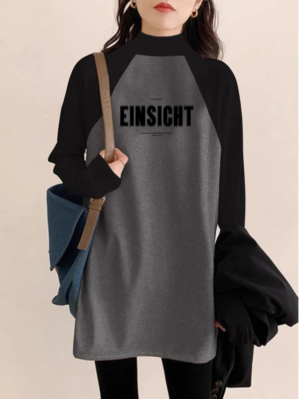 Ženski T-shirt s flejs podstavom, srednja duljina, raglan rukavi, poluvicoki ovratnik, slobodan kroj, Derong poliester tkanina 90–95%