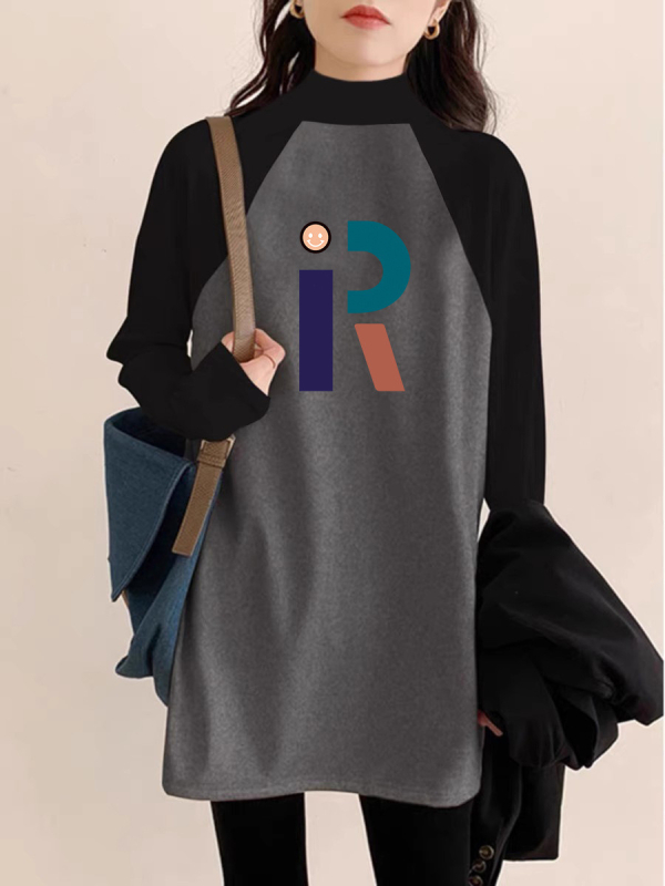 Ženski T-shirt s flejs podstavom, srednja duljina, raglan rukavi, poluvicoki ovratnik, slobodan kroj, Derong poliester tkanina 90–95%