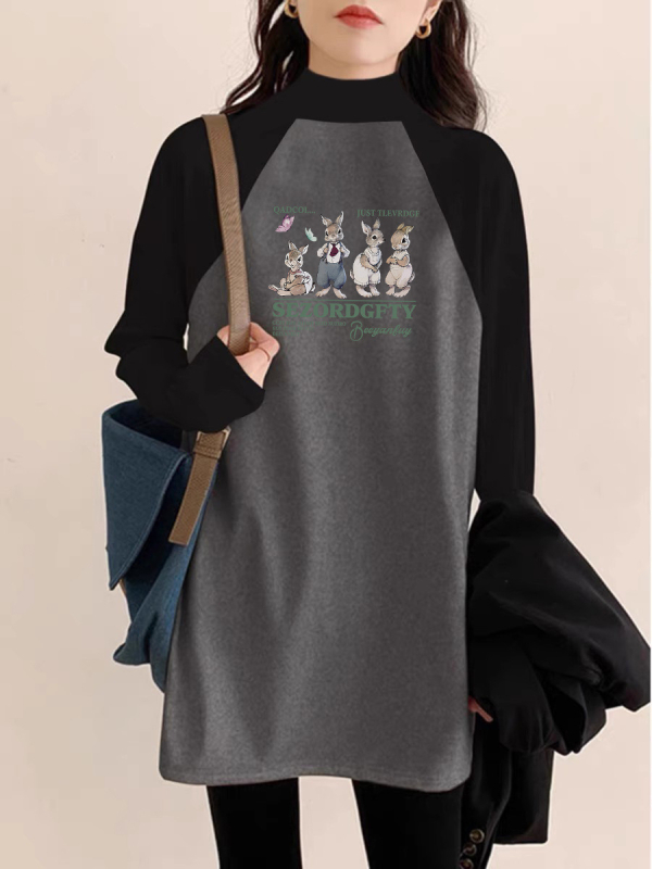 Ženski T-shirt s flejs podstavom, srednja duljina, raglan rukavi, poluvicoki ovratnik, slobodan kroj, Derong poliester tkanina 90–95%