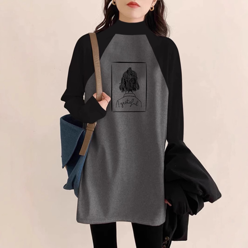 Ženski T-shirt s flejs podstavom, srednja duljina, raglan rukavi, poluvicoki ovratnik, slobodan kroj, Derong poliester tkanina 90–95%